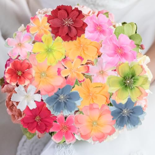PATIKIL 100 Pcs Fake Silk Flower Heads, 1.6 Inch Artificial Cherry Blossom Faux Flower Heads for DIY Craft Wedding Party Home Wreath Decoration, Light Red - color: Light Red