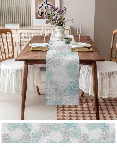 PIEPLE Aqua Chrysanthemum Flowers Table Runner-Cotton Linen-Long 13x90inches Dresser Scarves,Floral Grey Tablerunner for Kitchen Coffee/Dining/End Table Bedroom Living Room,Scarf Decor for Holiday - color: Texturezld5372, size: 13x90 Inch
