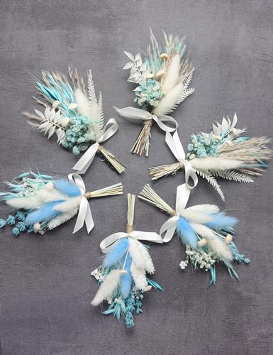Mini Dried Flower Bouquet Set (6 pcs), Small Blue Bouquet, Boho Wedding Dinner Plate Decoration, Groom's and Best Man's Boutonnieres, Bridesmaid Flower Girl Proposal Gift Box, Card Decoration - color: Blue