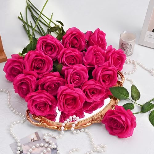 Waipfaru 16 Pcs Fuchsia Roses, Long Stem Fake Roses Artificial Flowers, Silk Flowers Bouquet for Valentines Mothers Day Hotpink Home Decor (Fuchsia) - color: Fuchsia, size: 16 Pcs