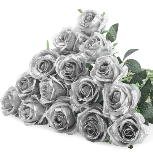 Hotop 20 Pcs Artificial Rose Flowers with Long Stem,Real Lifelike Silk Realistic Plastic Bouquet Roses Bulk for Home Decor Bridal Wedding Party Table Centerpieces Decorations (Silver) - color: Silver