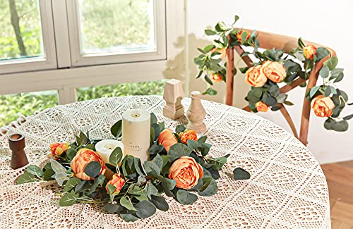 MISSPIN 2pcs Artificial Flowers Garland Spring Eucalyptus Garland Vintage Fake Flower Peony Rose Vine Greenery Decorative Wall Hanging Plant for Wedding Arch Door Arrangement Party Decor - color: Orange,2