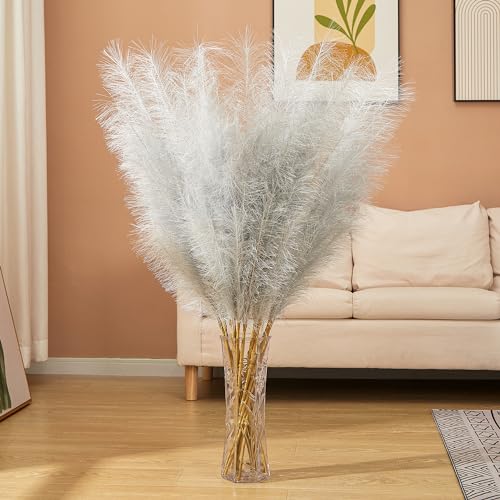 7 Pcs Faux Pampas Grass-45 Inches/3.75ft Large Boho Decor Fluffy Artificial Pompas Grass Décor Tall Vase Filler for Home Wedding Decoration (Silver, 7) - color: Silver