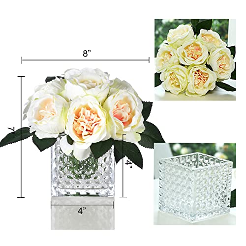 Artificial Peony Silk Flower Centerpieces Faux Floral Arrangement in Glass Vase for Home Wedding Table Decoration (Champagne) - color: A-champagne