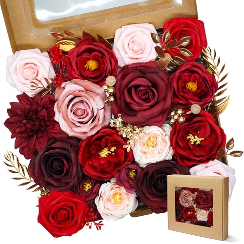 Red Artificial Flowers Home Decorations Combo Set Fake Flowers Silk Roses for DIY Wedding Bouquets Home Decorations Change Centerpieces Arrangements Baby Shower Party Bridal - color: Red&pink