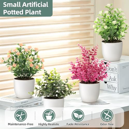 4 Pack Mini Potted Fake Plants, Realistic Artificial Eucalyptus with Flower | Realistic Small Faux Plant with White Pot, Fade & Weather Resistant, Durable No Aging, Ideal Indoor Decor for All Home Styles - color: Green-4pcs