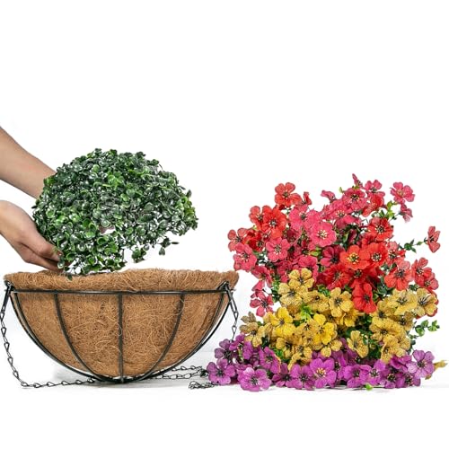 2 Set Artificial Flowers for Outdoors with Hanging Basket 24 Pcs Fake Silk Flowers Hanging Planters for Outdoor Plants Faux Hanging Plants for Outdoor Patio Decor Garden Decor (Y,R,P,R)