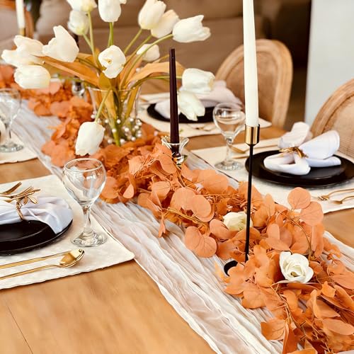 CQURE 3Pcs Eucalyptus Garland,Artificial Eucalyptus Leaves Table Greenery Garland Wreath Vines for Wedding Party Table Fireplace Bedroom Wall Room Decor - size: 17.7 Ft-Orange
