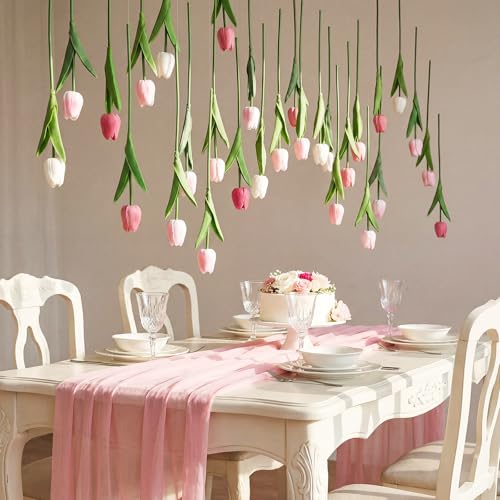 12 Pack 3 Colors 5 ft Artificial Tulips Hanging Flower Garland Decorations Spring Summer Dangling Faux Tulip Floral Vine Strings with Hooks for Wall Ceiling Wedding Tea Party - color: Multi Color