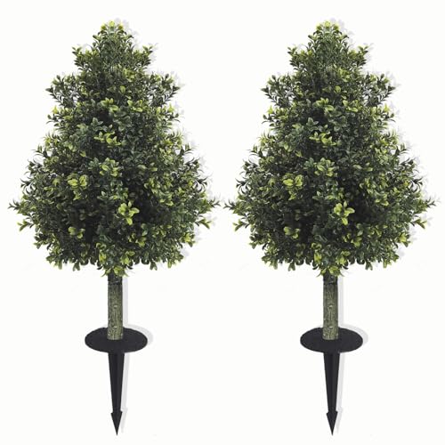 2-Pack 33" UV-Resistant Boxwood Topiary Ball Trees | Artificial Outdoor Plants with Ground Spikes for Porch, Patio, Planters & Indoor Decor - color: Boxwood-tower