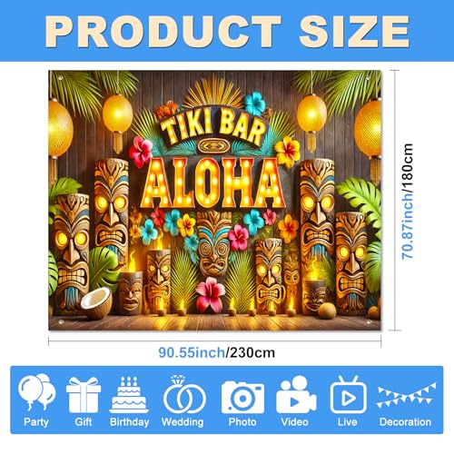 BlissYard Tiki Bar Aloha Luau Party Backdrop Tropical Hawaiian Banner 8x6FT Large Flamingo Beach Theme Photo Booth Background Summer Pool Party Birthday Indoor Outdoor Event Photography - color: Tiki Bar Aloha#01