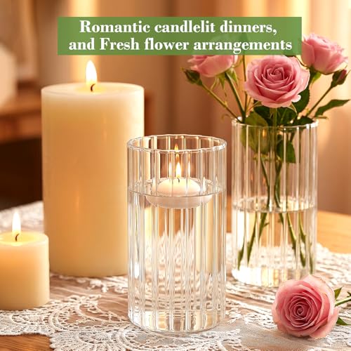 12 pcs Ribbed Glass Cylinder Vases for Centerpieces,6 inch Clear Glass Candle Cylinders, Flower Vase & Floating Candle Holder, Wedding Decorations, Dining Table & Home Décor Gift - size: Ribbed-12PCS