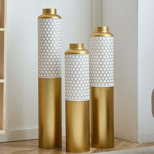 3 Pack Floor Vases Decorative Tall, White Gold Big Vase for Decor Living Room Floor, Big Metal Standing Vase for Entryway, Fireplace, Corner Decor - color: Gold White