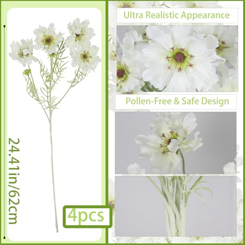 CISDUEO 4 Pcs Artificial Wildflowers Bulk Spring Decor White Silk Wild Flowers Fake Cosmos Flowers with Long Stems 24" Faux Floral Arrangements for Wedding Bouquet Table Centerpiece Outdoor Cemetery - color: White 1