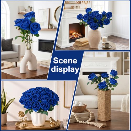50 PCS Blue Roses Artificial Flowers, Fake Roses with Stem Realistic Silk Roses for DIY Wedding Bouquets Tables Centerpieces Arrangements Baby Shower Birthday Home Decor Independence Day Gift for Her - color: Blue