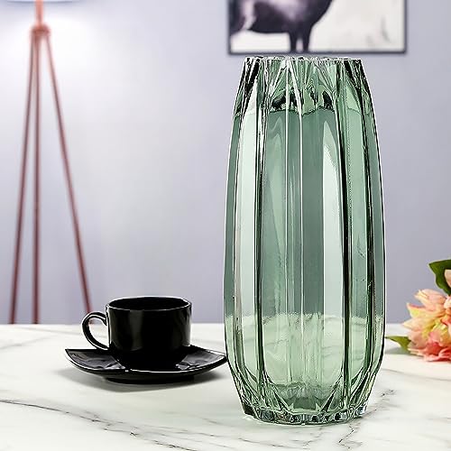Lucky Bird Green Ribbed Glass Vase - Modern Tall/Short Centerpiece for Flowers, Candles & Decor (H12.0inch) - color: Green, size: H-11.8inch