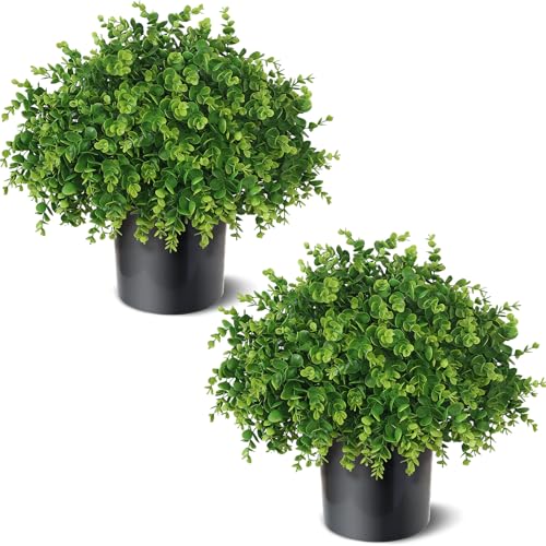 2 Set Soft Textured Artificial Eucalyptus Topiary Trees for Outdoor Decor - 16" Faux Eucalyptus Potted Plant, Fake Greenery Shrubs in Black Pot for Front Door Porch Farmhouse Shower Home Decor