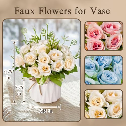 Fake Flowers with Vase,White Roses Artificial Flowers in Vase | Faux Flower Plant Arrangement,No Maintenance Faux Flower Arrangement, 6.3 Inch Realistic Table Decor for Home Office Wedding - color: White