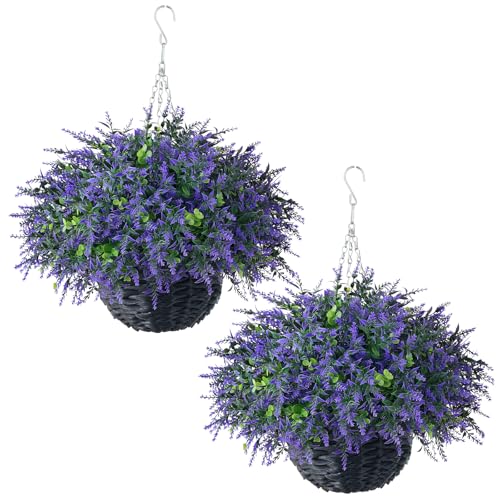 GLIDLION Artificial Eucalyptus & Lavender Hanging Basket (2 Pieces) - Realistic Fake Hanging Plants Set, Outdoor Faux Eucalyptus Leaves for Farmhouse Eaves Porch Decor | Spring,Summer,All Season