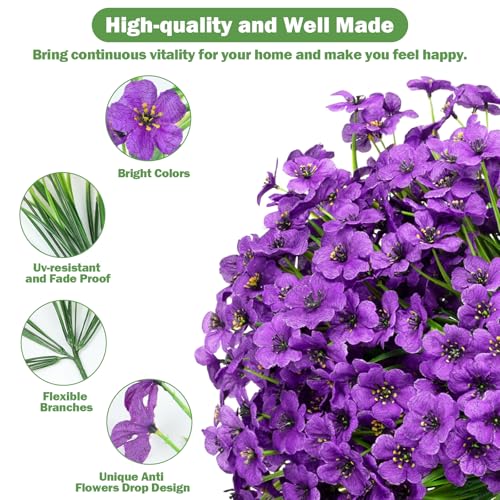 Nepfaivy Artificial Outdoor Flowers Purple - 24 Bundles Fake Flowers for Outside Uv-Resistant, Real Look Silk Faux Flowers for Outdoor Planters, Realistic Plastic Flowers for Garden Porch Patio - color: Dark Purple