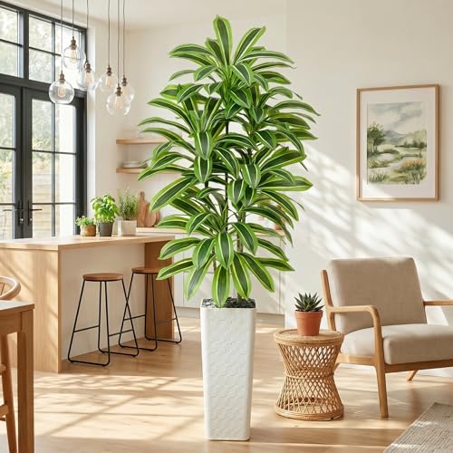 Artificial Dracaena Tree：7FT Faux Silk Tropical Yucca Floor Trees Realistic Fake Green Plant with Natural Wood Trunk & Lifelike Leaves for Home Office Decor Indoor & Outdoor (7FT,1-Pack,White) - color: Light Green – White Pot, size: 7FT