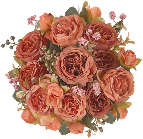 Mkono Peonies Artificial Flowers, Small Silk Flowers for Home Decor Indoor Fake Bouquet Faux Floral Arrangements Dining Table Centerpieces for Kitchen Party Decor - color: Orange