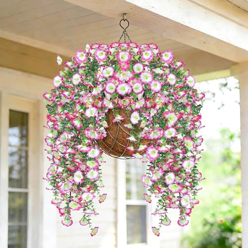 Artificial Hanging Flowers for Outdoors, 4Pcs UV Resistant Artificial Hanging Morning Glory Flowers, Spring Realistic Faux Outdoor Flower for Porch Patio Yard Garden Farmhouse Decor (Pink) - color: Pink