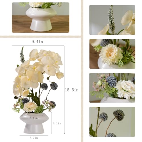 LESING Fake Orchids Flowers Arrangement in Pot,Faux Silk Orchid Artificial Flower Plant with Ceramic Vase for Table Home Decor (White Vase,White) - color: White Vase,white