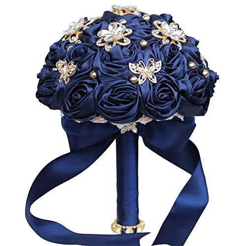 Sharebeauty 9.4" Handmade Satin Rose Bridal Bouquet Toss Round Wedding Bouquet Throw Toss Artificial Flower Bunch Navy Blue - color: 809a Navy Blue, size: 9.4"/24cm