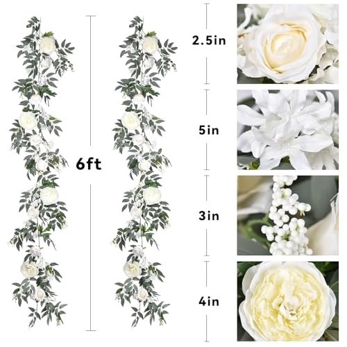 DearHouse 2Pack Artificial Peony Flower Garland - 6ft/Strand Silk Peony Flower Greenery Garland with Fake Willow Leaves for Wedding Ceremony Backdrop Party Table Centerpieces Decor (White) - color: White