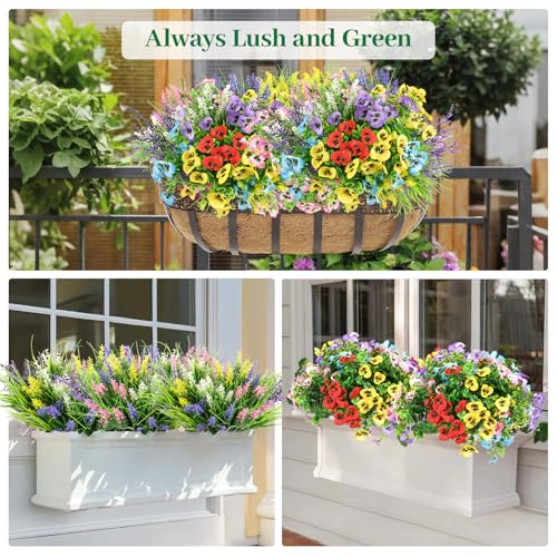 24 Bundles Artificial Flowers for Outdoor Decor - UV Resistant Fake Flowers with Eucalyptus & Lavender Greenery Plants for Indoor Garden Patio Porch Window Box Home Wedding Outside Hanging Decor - color: Spring a