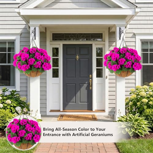 Hananona 2 Set Artificial Outdoor Geraniums Flowers with Hanging Basket, 2 Hanging Planters with 12 Pcs Red Geranium Flowers for Spring Summer Front Porch Garden Patio Home Decor (2, Rose Red) - color: Rose Red