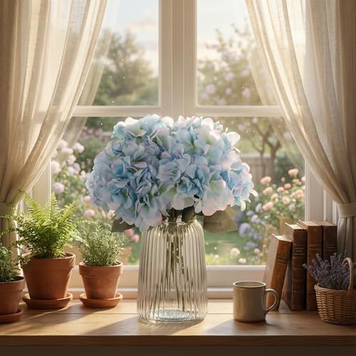 2Bouquets Artificial Fake Flowers Silk Hydrangea Arrangements Wedding Bouquets Decorations Plastic Floral Home Kitchen Garden Party Festival Bar DIY (Light Blue) - color: Light Blue, 5flowe Head