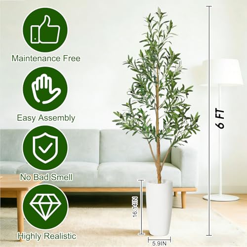 Timoo Faux Olive Tree 6Ft, Indoor Artificial Trees with Natural Wood Trunk and White Planter, Tall Fake Plants for Living Room, Bedroom and Office - color: Color 1