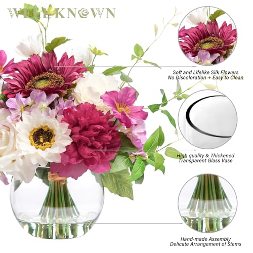 Artificial Flowers Centerpieces in Glass Vase with Fake Water, Silk White Rose Sunflowers Peony Bouquet with Vase for Birthday Party Wedding Dinning Table Office Hotel Decor (Fuchsia Mixed Plus) - color: Fuchsia Plus