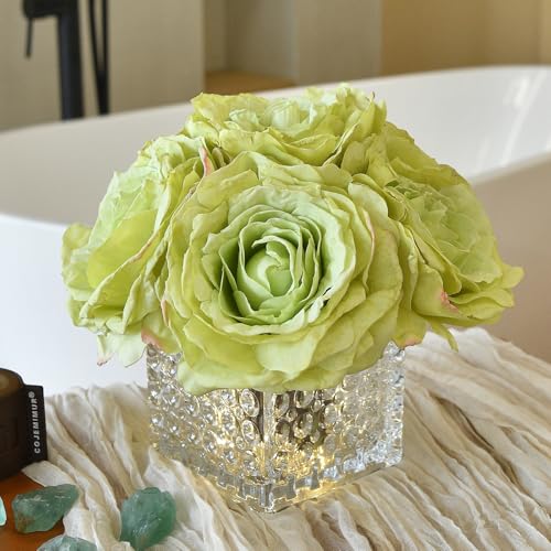 Artificial Rose in Glass Vase Vintage Silk Flower Arrangement with LED Light for Table Centerpiece Home Wedding Decoration (Apple Green) - color: Apple Green