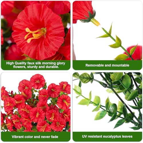 Artificial Faux Hanging Flowers Plants for Outdoor Decor,2 PCS Fake Silk Morning Glory with Eucalyptus Greenery UV Resistant Realistic Vines for Wall Home Porch Patio Balcony Yard Indoor Decor, Red - color: Red