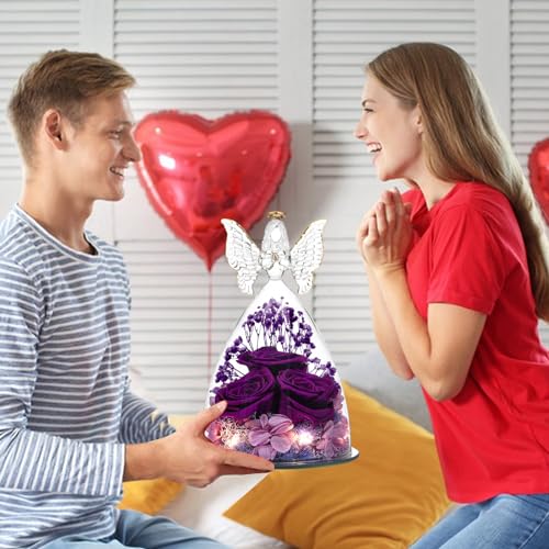 Mothers Day Rose Gifts for Women Preserved Real Flower in Glass Angel Figurines Roses for Delivery Prime Birthday Gifts for Mom Grandma Girlfriend Wife Her, Full Purple - color: Purple Pur