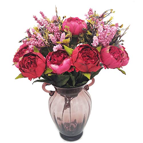 2pcs Artificial Peony Bouquets,19 Inch Silk Peony Bunch with 7 Faux Flowers,Classical Style Artificial Flowers with Leaves and Ornaments for Wedding,Home Décor Centerpieces(Red) - color: Red, size: Pack of 2