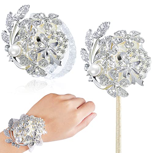 Yunsailing 2 Pcs Rhinestone Wrist Corsage and Boutonniere Set - Artificial Flower Corsage Wristlet for Wedding Prom Homecoming Bridesmaid Bridal Shower Anniversary Formal Event(Silver Ivory,Pearl) - color: Silver Ivory, style: Pearl