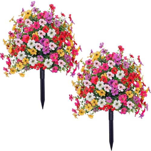 THKFUL Artificial c Trees Flower Ball Outdoor Set of 2, D15.8 UV Resistant Faux Boxwood Plants Flower Ball with Stake,Realistic Faux Shrubs Planter Filler for Front Cemetery Porch Garden - style: Violet