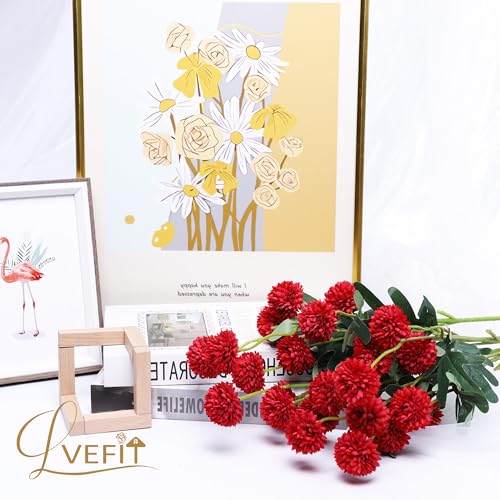LVEFIT 10 Pcs Red Kiku Flower Fake Mums Long Stem Flowers,Faux Kiku Flower Bulk,Silk Flowers Mini Chrysanthemum Floral Arrangements,Artificial Flowers Chrysanth Mini Fake Flower - color: Red