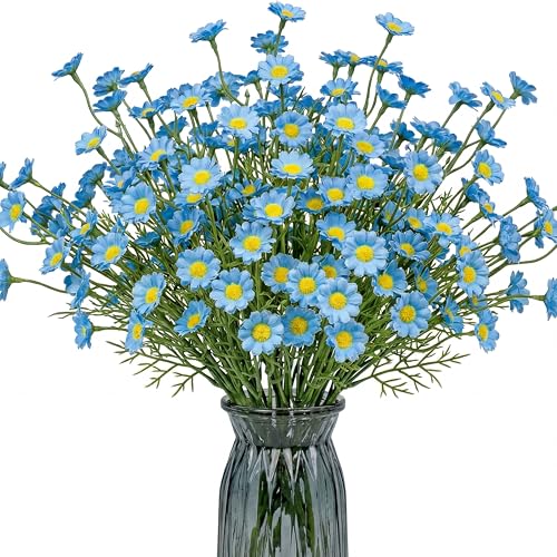 48 Pcs Small Daisy Flowers Artificial 10.6 Inch Fake Daisies Silk Floral Bouquets Spring Wildflowers with Stems Floral Arrangements for Vase Wedding Centerpiece Table Decor(Blue) - color: Blue