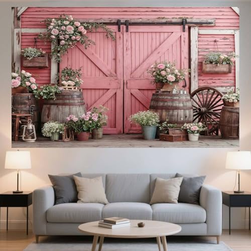 5x4ft Country Wedding Pink Photography Backdrop Rustic Wooden Barn Door Photography Backdrop Farmhouse Flower Western Girl Birthday Baby Shower Wedding Bridal Party Banner Photo Booth Props Background - color: Multi7, size: 5X4FT
