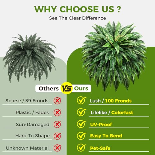 Suntee 48" Large Artificial Ferns 2 Pack, Realistic Fake Boston Fern Plant with 100 Bendable Fronds, UV Resistant Zero Maintenance Faux Bush for Outdoors Garden Patio Porch Living Room Home Decor