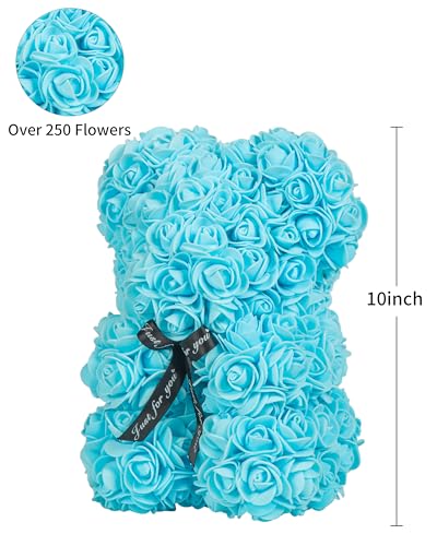 DuHouse Rose Bear Rose Teddy Bear Flower Gift Black Box for Valentines Gifts Anniversary Christmas,Birthdays Bridal Showers -Fully Handmade 10 inch Flower Bear Clear Gift Box (Baby Blue) - color: Baby Blue