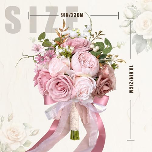 9 Inch Blush Pink Wedding Bouquets for Bride Bridesmaid, Artificial Fake Dusty Roses Gold Flowers Pearl Bridal Bouquet Pastel Spring Boho Rustic Wedding Decoration Toss Bouquet Prom Anniversary - color: Dusty Pink Gold
