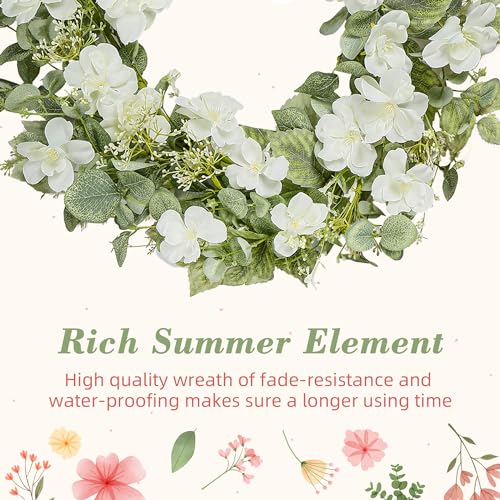 YNYLCHMX 20" Spring Summer Wreaths for Front Door, Artificial Floral Wreath with White Rose Flowers Green Eucalyptus Leaves, Green Foliage Wreath for Wall Window Farmhouse Party Holiday Home Decor - color: Rose