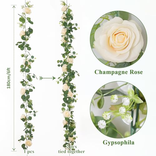 TOCHGREEN 4Pcs(26 Ft) Artificial Eucalyptus Flower Garland with Champagne Rose Flowers,Faux Rose Vine Gypsophila,Floral Greenery for Party Wedding Table Decor (Champagne, 4PCS) - color: Champagne, size: 4PCS
