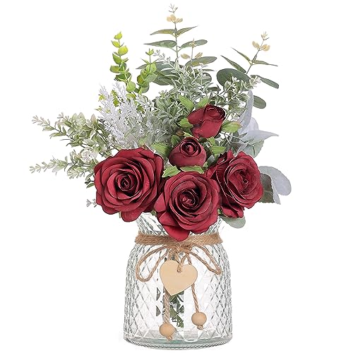 Faux Flowers with Vase,Artificial Silk Roses in Vase, Fake Plant Eucalyptus Flower Arrangement for Home Office Farmhouse Bathroom Dining Table Centerpiece Decorations Coffee Table Decor (Burgundy) - color: Burgundy